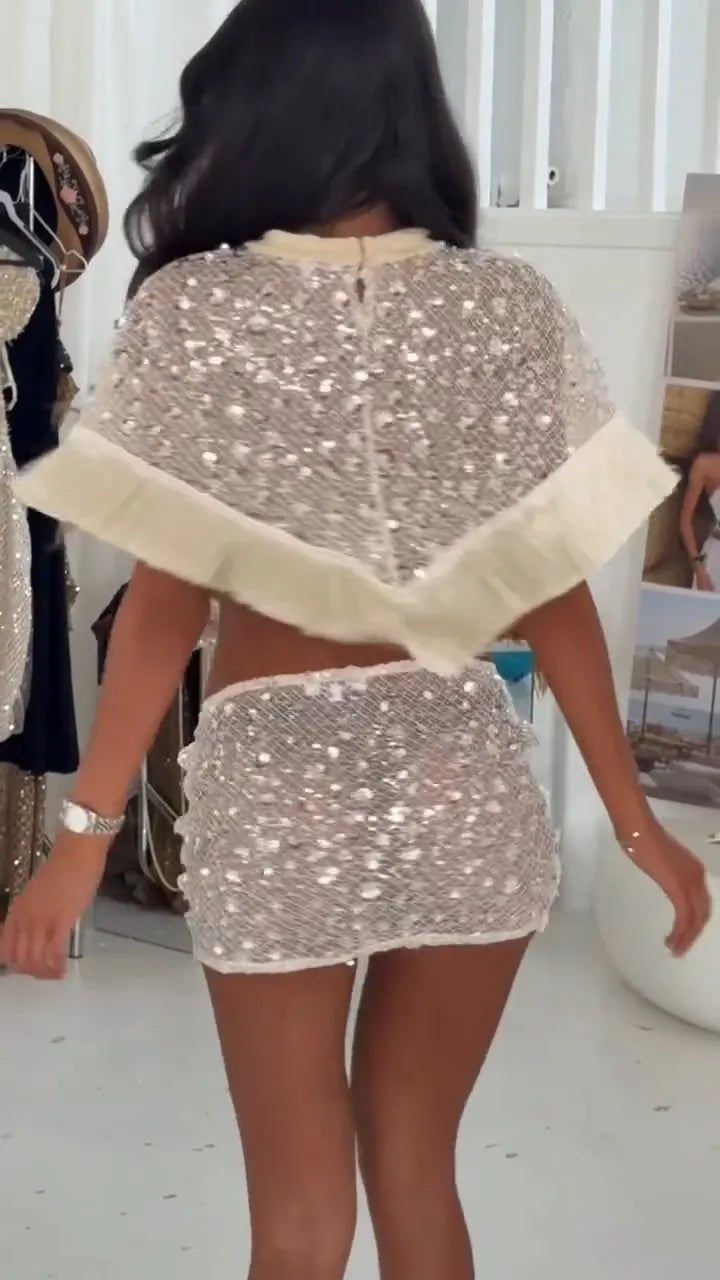 Talia Sequin Mesh Fringe Crop Mini Two-Piece Set