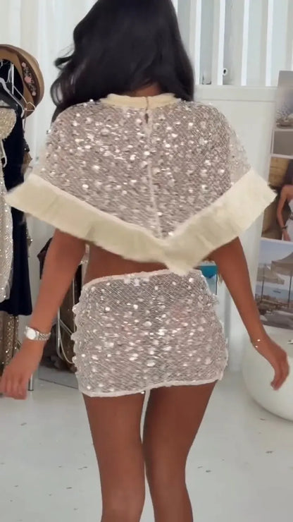 Talia Sequin Mesh Fringe Crop Mini Two-Piece Set