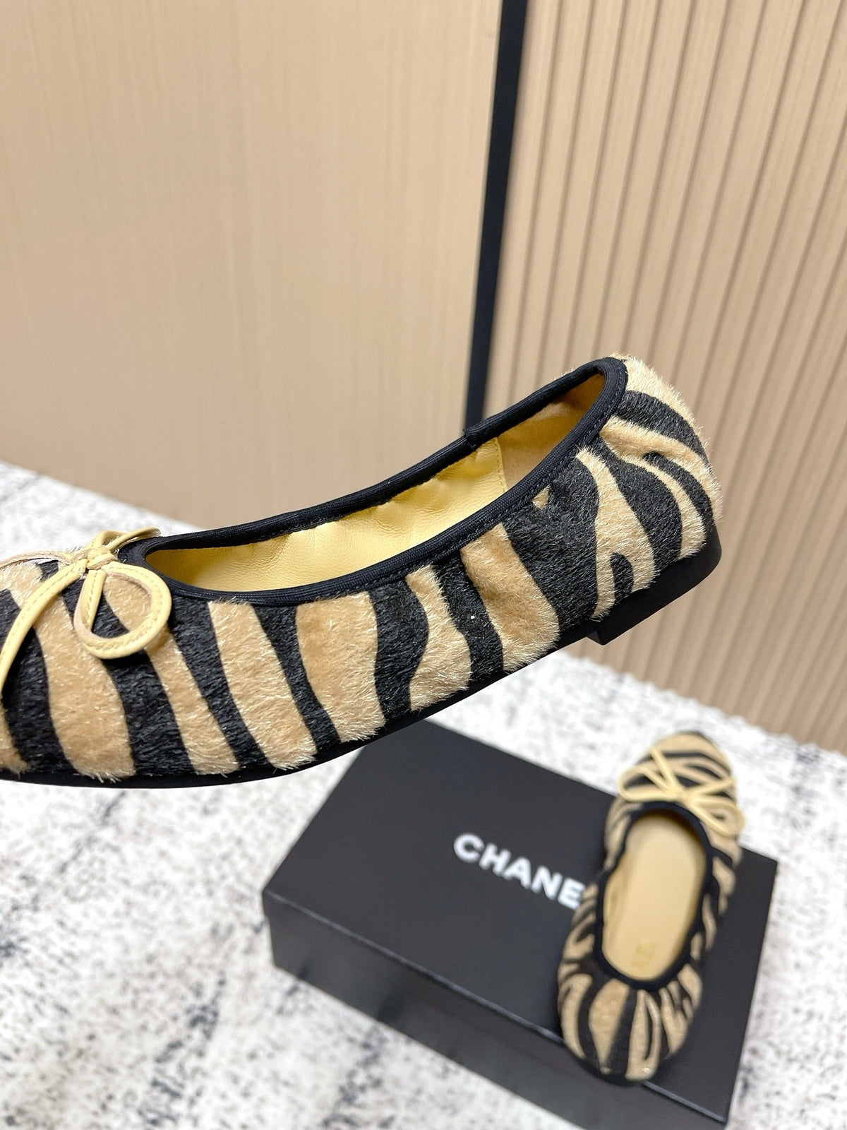 Chanel 26 Tiger Print Brown Black Ballet Flat in Sheepskin Wool 591377