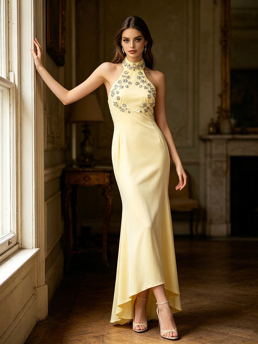 Aileen Irregular-Hem Maxi Dress with Diamond Embellishments