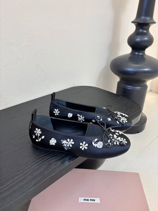 Miu Ballet Flat With Floral Crystal Dark Navy Blue Silk