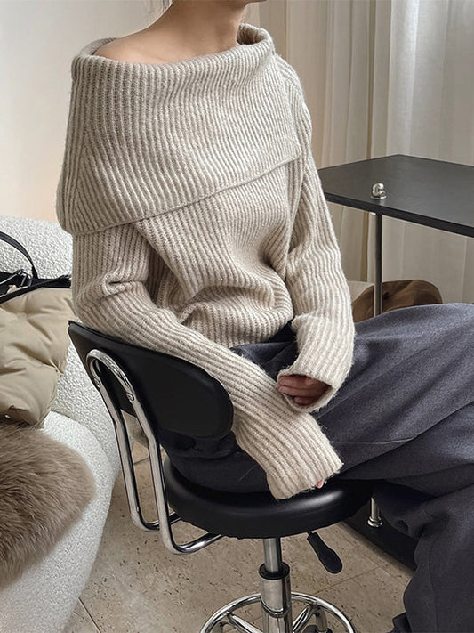 Casual Loose Long Sleeves Solid Color Lapel Sweater Tops