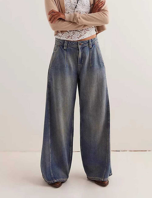 Distressed Washed Mid Waist Wide Leg Denim Pants