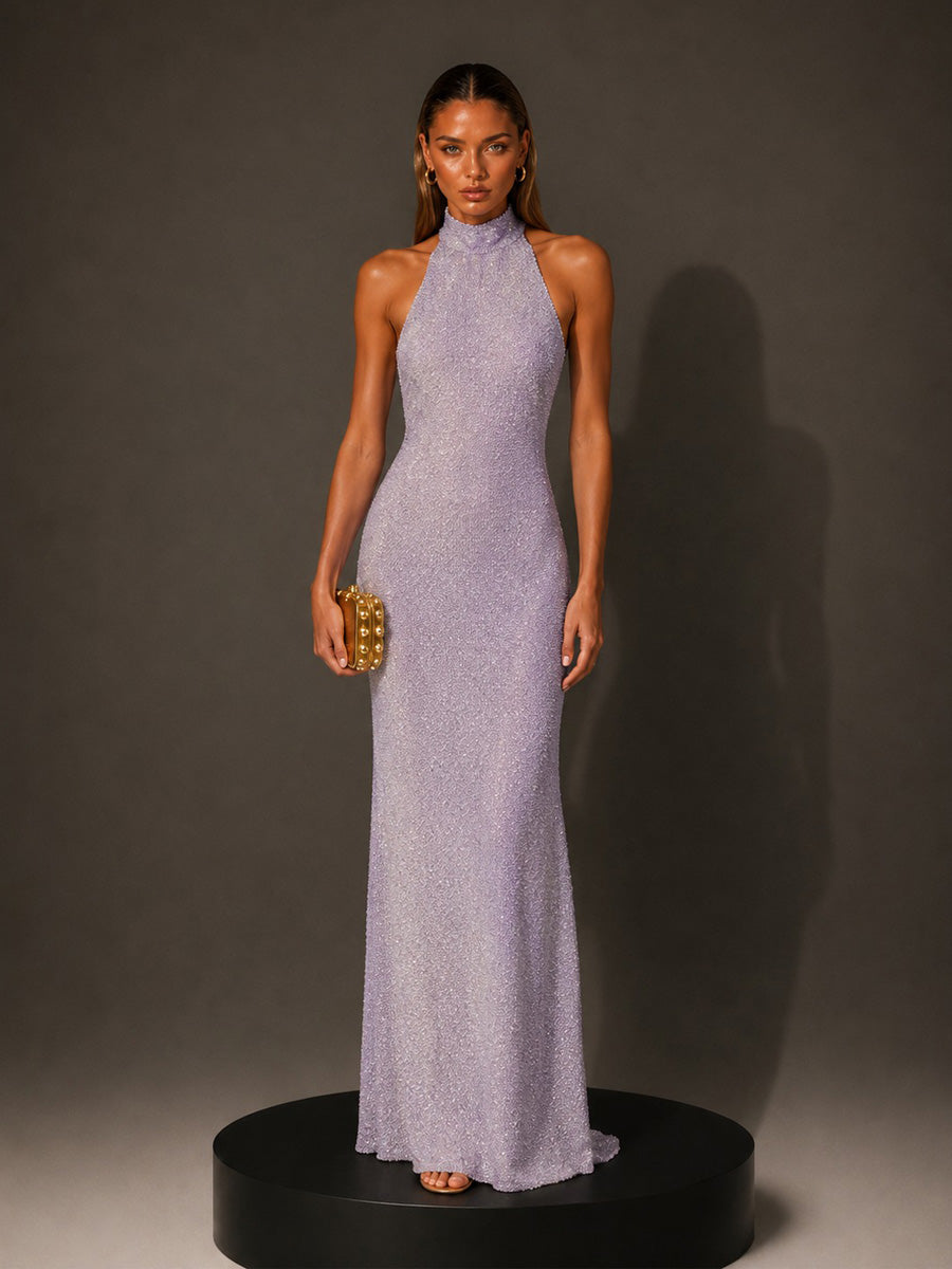 Ingrid Shimmering Backless Maxi Dress In Purple