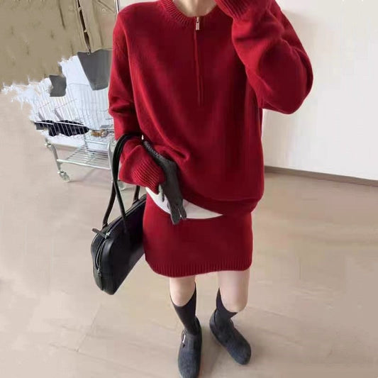 Half Zip Sweater Sleeveless Skirt Set