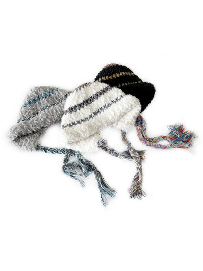 Haila - Winter Striped Knitted Beanie with Cute Braids