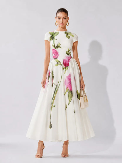 Zaria Elegant Rose-Print Midi Dress