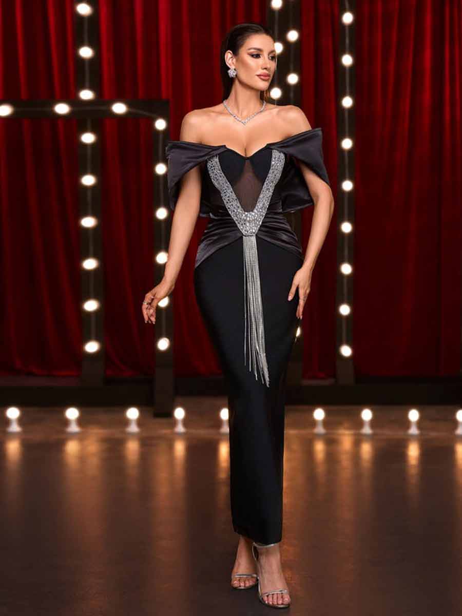 Zia Crystal Fringe Off Shoulder Bandage Maxi Dress
