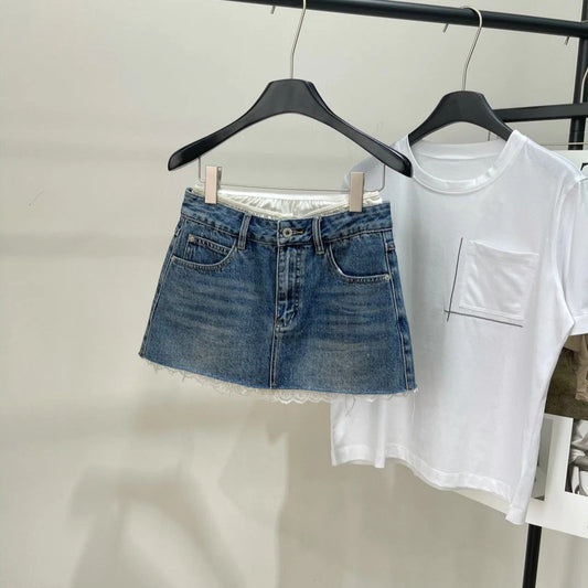 MIUMIU PATCHED DENIM SKIRT WITH LACE 275946