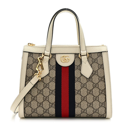 GG Supreme Monogram Textured Dollar Calfskin Web Small Ophidia Tote Bag Beige Ebony Mystic White