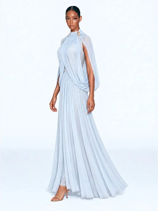Mirabelle Stand-Collar Pleated Maxi Dress
