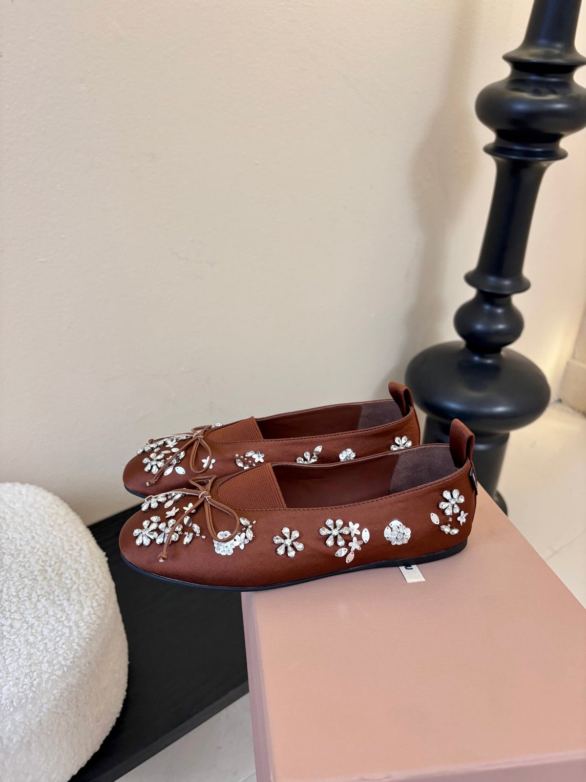 Miu Ballet Flat With Floral Crystal Brown Silk