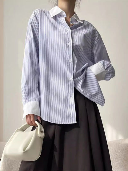 Irregular Clipping Pleated Split-Joint Striped Lapel Blouses