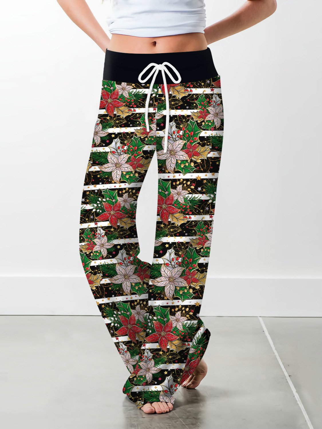 Stripe Fashion Woman Digital Printing Loose Casual Flower Pattern Pants Wide Leg Yoga Pants 678