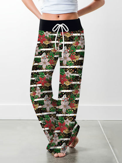 Stripe Fashion Woman Digital Printing Loose Casual Flower Pattern Pants Wide Leg Yoga Pants 678