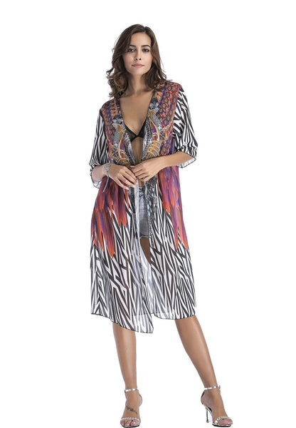 4 Pattern Beach Bikini Outer Cover Chiffon Print Middle Sleeve Shirt Boho Style