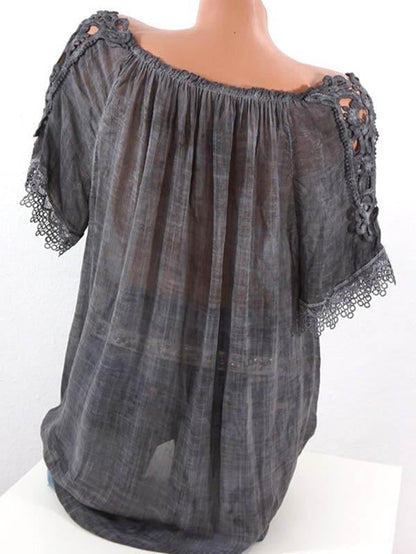 Solid Color Off Shoulder Ruffle Short Sleeve Blouse Tops