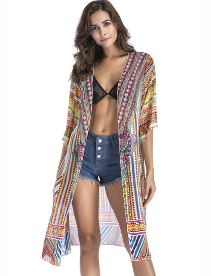 4 Pattern Beach Bikini Outer Cover Chiffon Print Middle Sleeve Shirt Boho Style