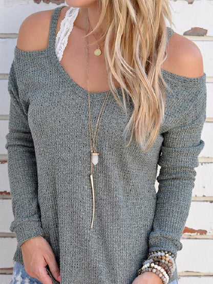 Solid Color Spaghetti-Neck Long Sleeve Knit Sweater Tops