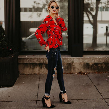 Print Deep V Neck Long Sleeve Belted Top Blouse