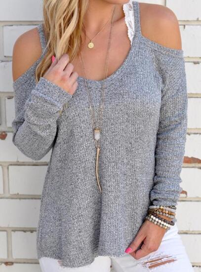 Solid Color Spaghetti-Neck Long Sleeve Knit Sweater Tops
