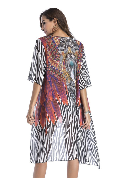 4 Pattern Beach Bikini Outer Cover Chiffon Print Middle Sleeve Shirt Boho Style