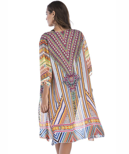 4 Pattern Beach Bikini Outer Cover Chiffon Print Middle Sleeve Shirt Boho Style