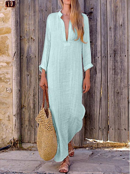 Solid Color V Neck Long Sleeve Casual Maxi Dress