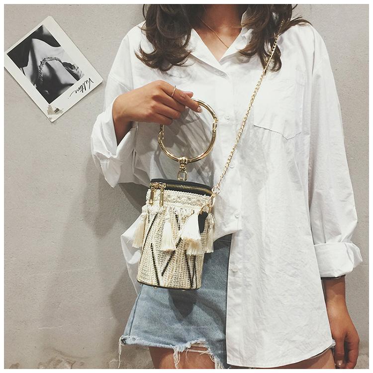 Fringe Barrel Chain Crossbody Woven Bag