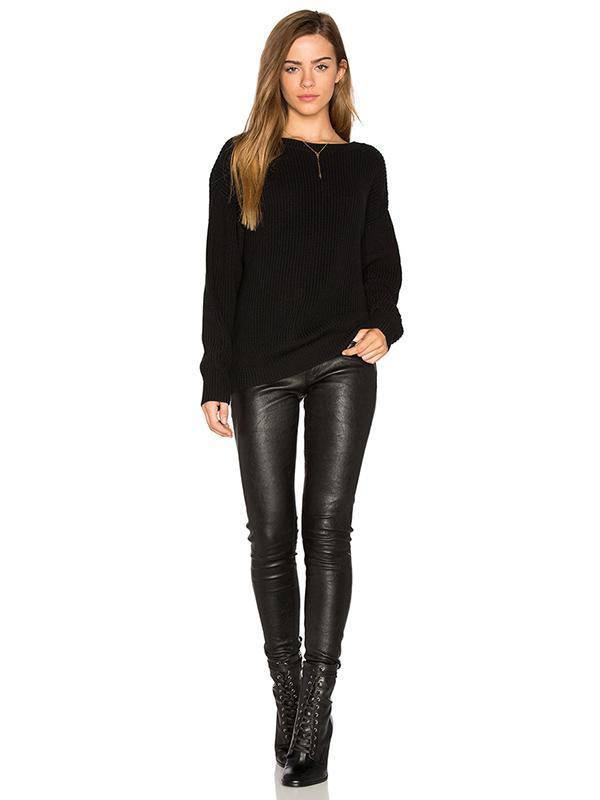 Knitting Backless Round-Neck Long Sleeves Sweater Tops