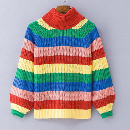 Rainbow Turtleneck Winter Jumpers Knitted Striped Oversize Pullover Sweater
