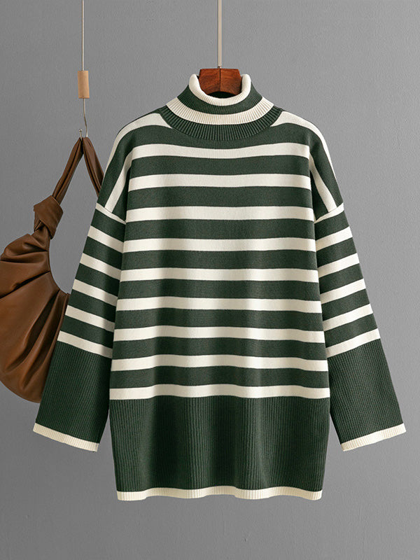 Long Sleeves Loose Contrast Color Split-Joint Striped Patterns High Neck Sweater Tops