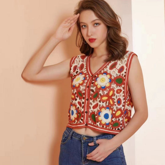 Crosa - Floral Hollow Knit Tank Top