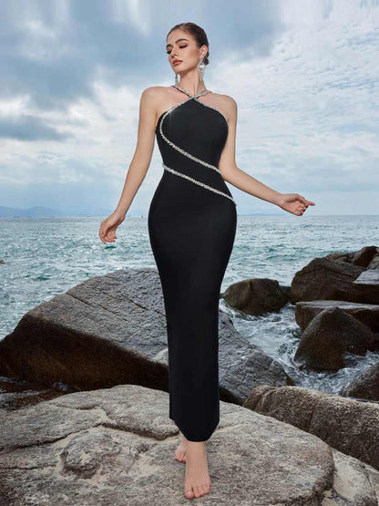 Freya Hanging Neck Cross Rhinestone Maxi Dress
