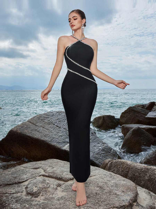 Freya Hanging Neck Cross Rhinestone Maxi Dress