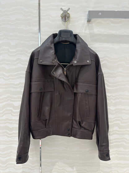 YSL Double Pocket Silhouette Jacket Brown Lambskin