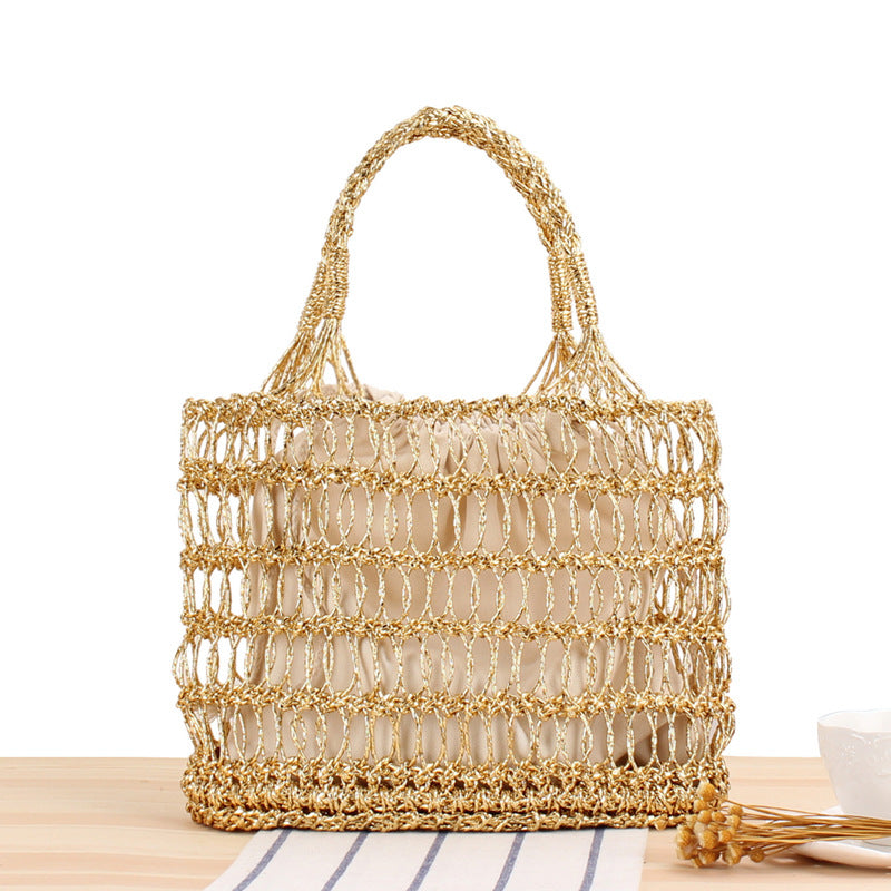 Crochet Market Bag Gold Silver Thread Hollow Woven Bag