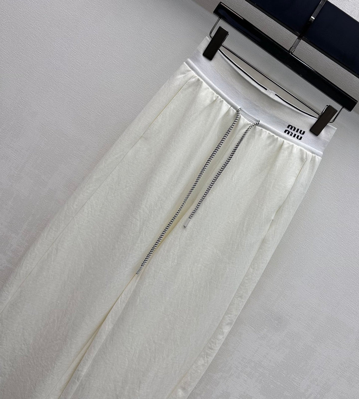 Miu Drawstring Webbing Pants White Tencel Cotton Fabric 350207