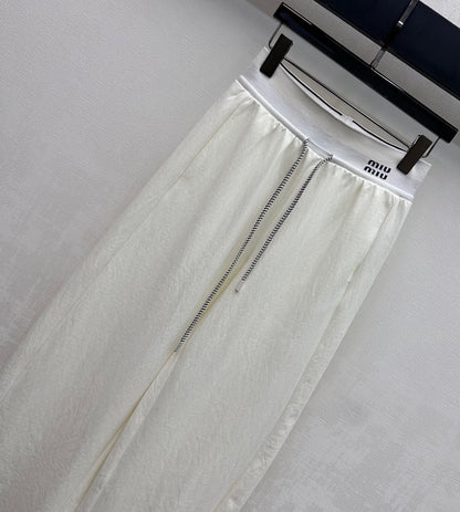Miu Drawstring Webbing Pants White Tencel Cotton Fabric 350207