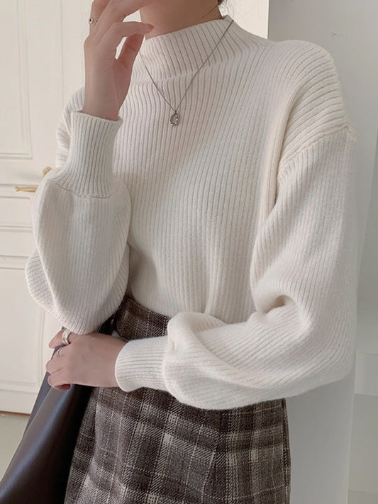 Vintage Knitting Long Sleeves Solid Color Sweater
