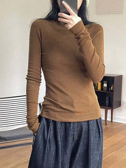 Korean-Style Long Sleeves Solid Color High-Neck Sweater Tops