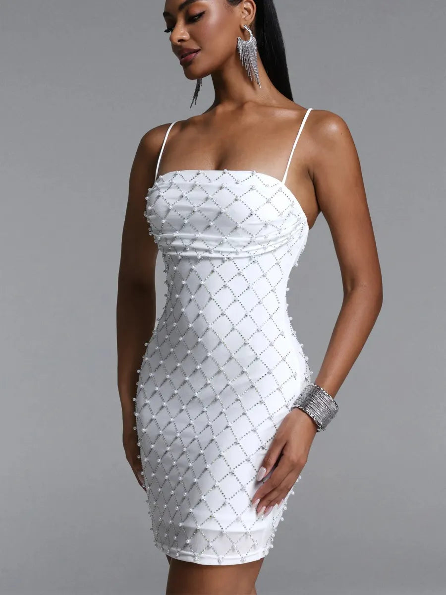 Aurora Pearl Grid-Embellished Strapless Mini Dress
