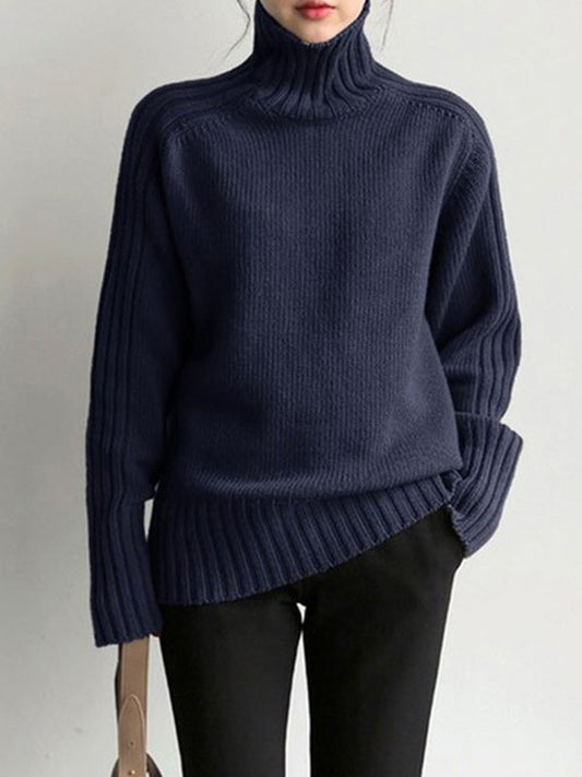 Loose Long Sleeves Solid Color High-Neck Sweater Tops