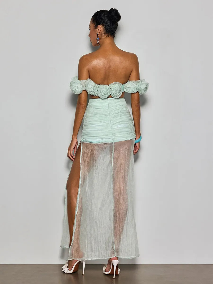 Peyton Off Shoulder Flower Mesh Skirt Set
