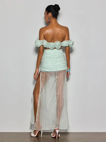 Peyton Off Shoulder Flower Mesh Skirt Set
