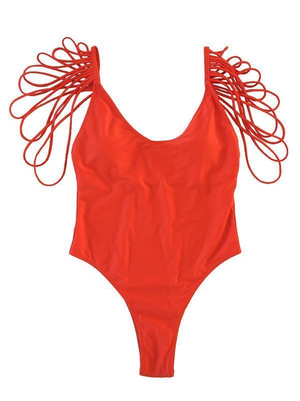 Sexy Backless Tassels Solid Color One-Piece Swimwear