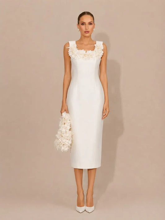 Rowena Elegant 3D Floral Sleeveless Midi Dress