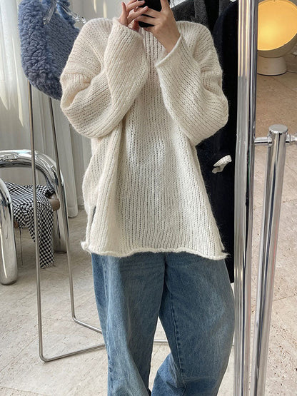 Casual Loose Long Sleeves Split-Side Solid Color High-Neck Sweater Tops