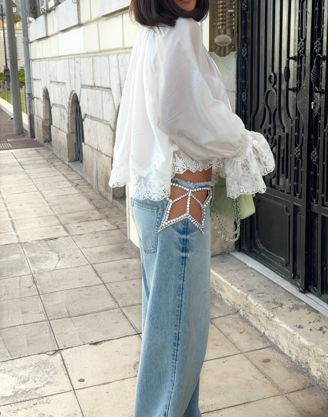 Nicolette Waist Cutout Rhinestone-Embellished Jeans