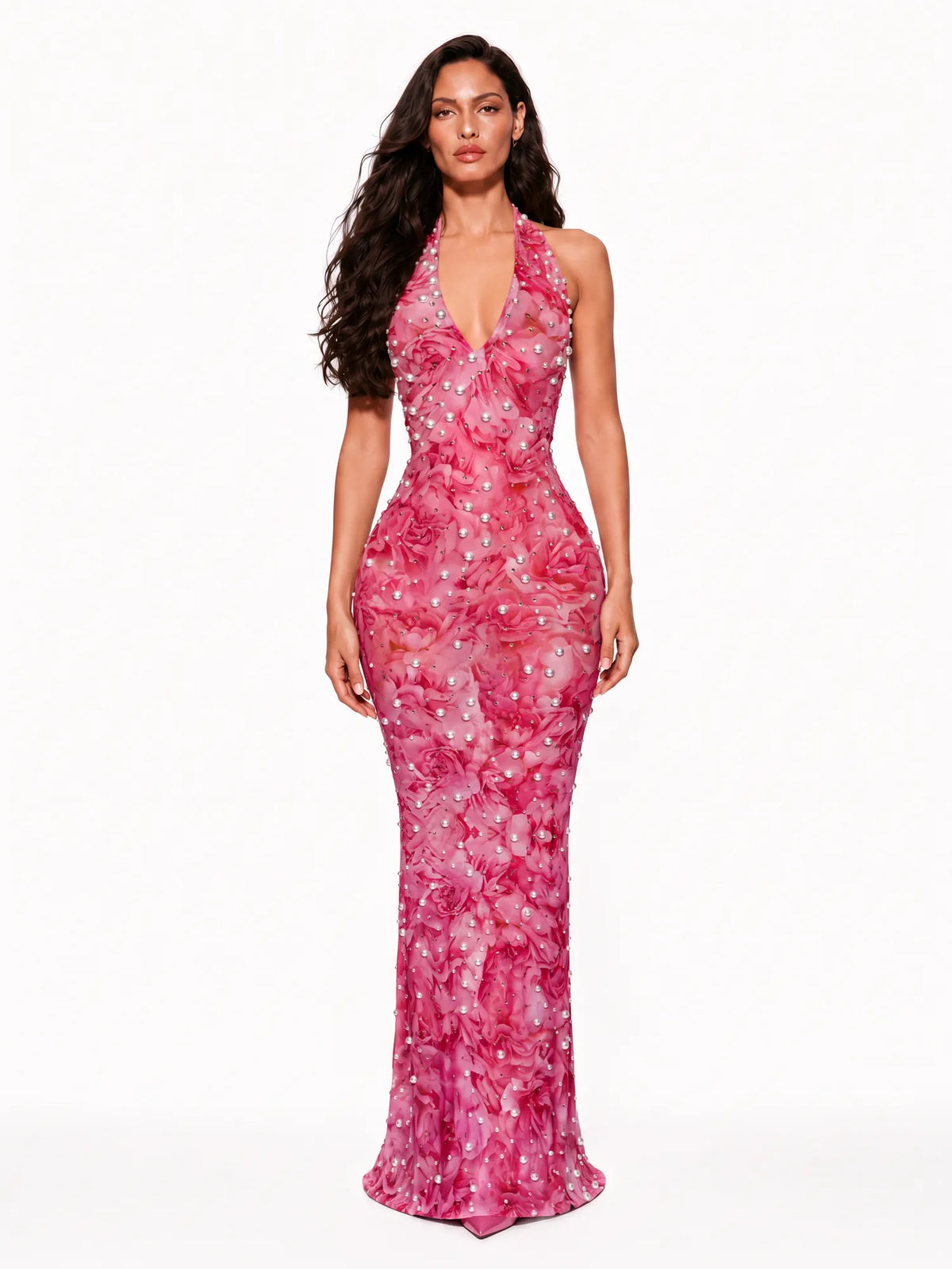 Lorelei Pearl-Embellished Floral Halter Maxi Dress